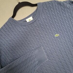 Lacoste Mens Blue Cable Knit Crew Neck Sweater Sz 9 4XL Embroidered Logo Cotton